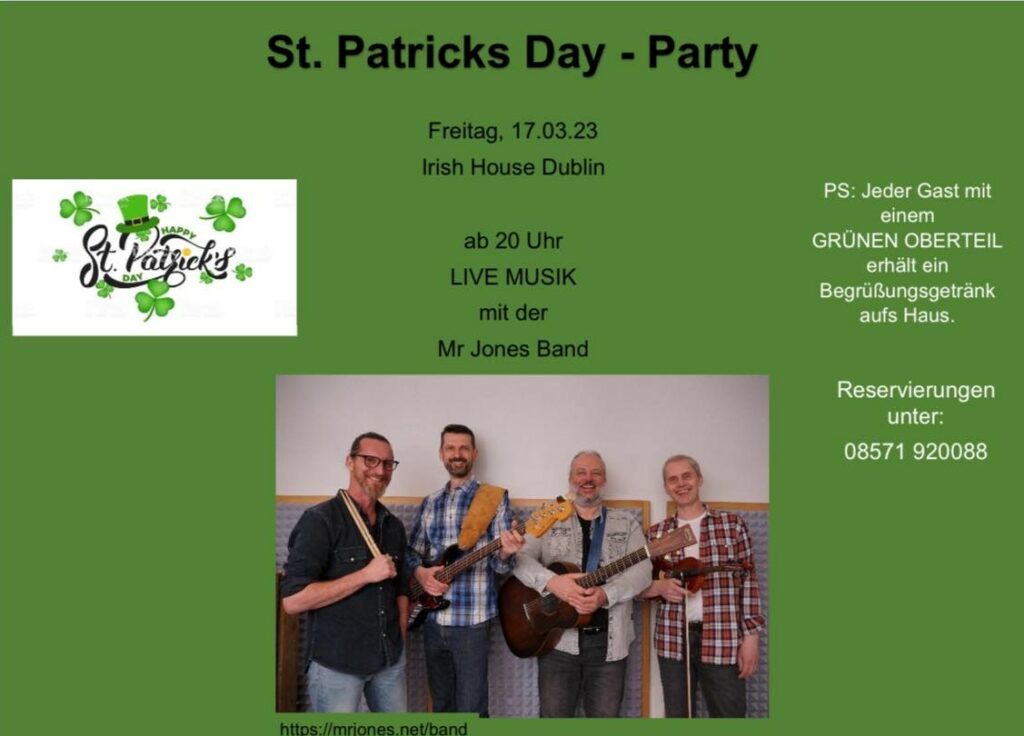 St. Patricks DayParty „Mr. Jones Band“ LIVE Braunau.Simbach.Inn